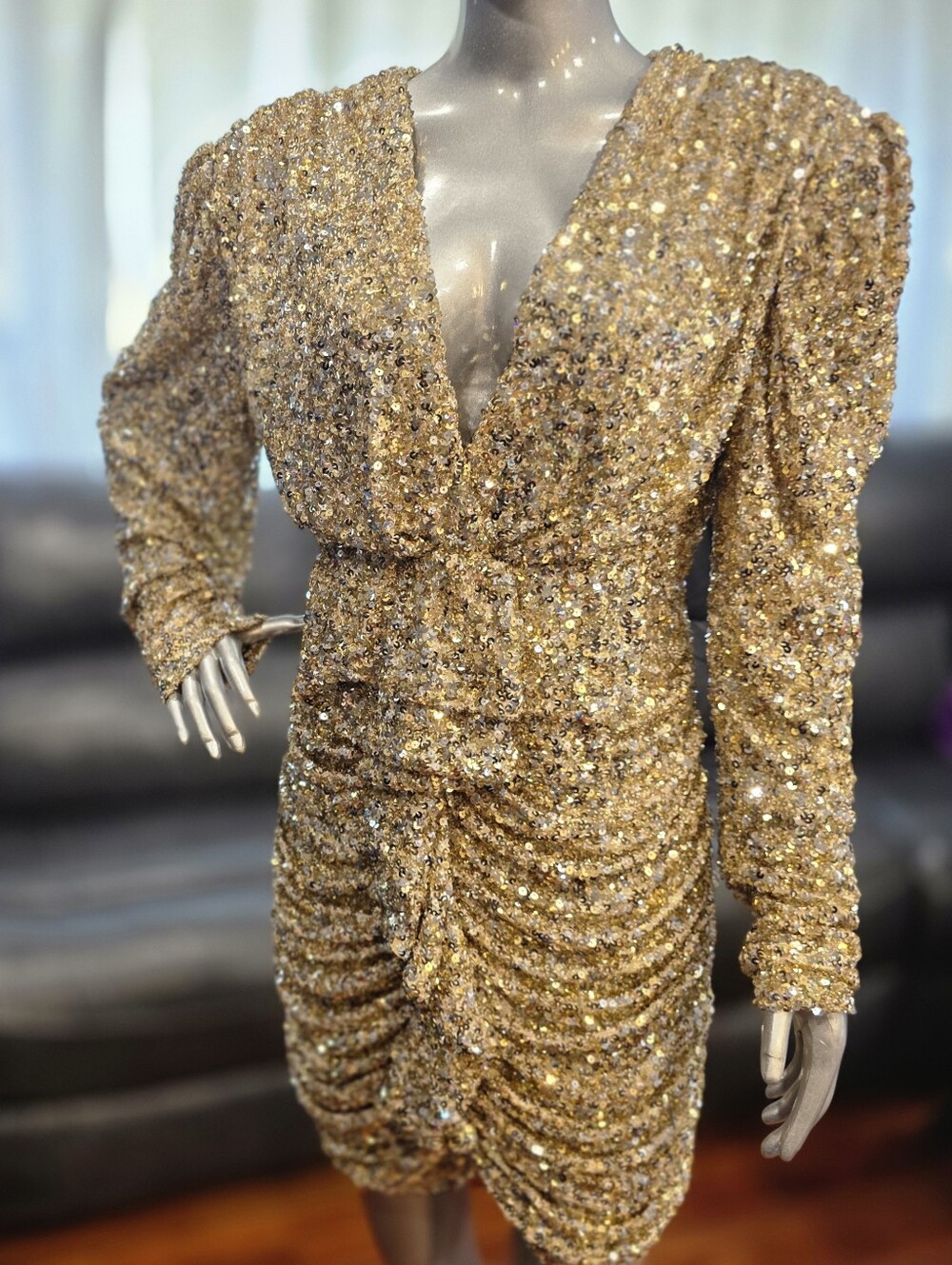 Gold Sequin Evening Mini Dress LARGE Glitter ELEGANT Formal Bodycon Rouched 80"s